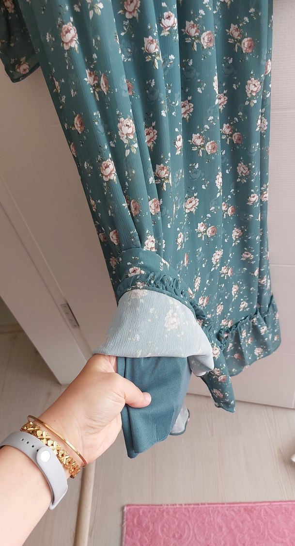 Turkuaz V Yaka Uzun Kollu Bohem Elbise - Görsel 5