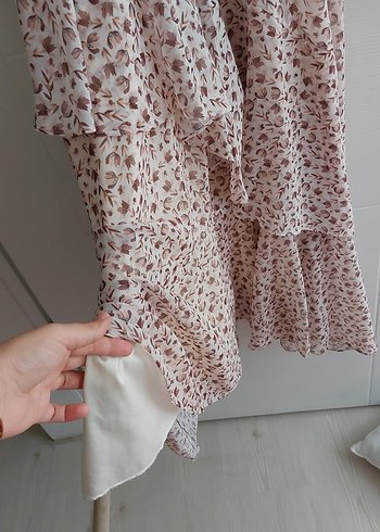 Bej Bohem Uzun Kollu V Yaka Elbise sifon astarli elbise - Görsel 5