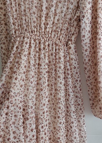 Bej Bohem Uzun Kollu V Yaka Elbise sifon astarli elbise - Görsel 6