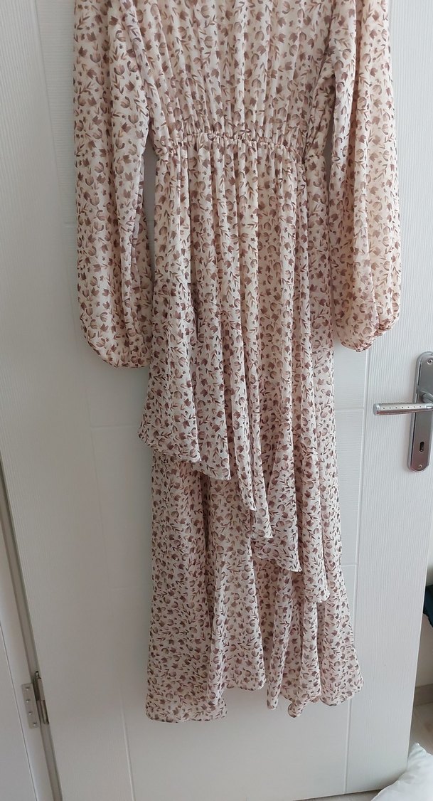 Bej Bohem Uzun Kollu V Yaka Elbise sifon astarli elbise - Görsel 2