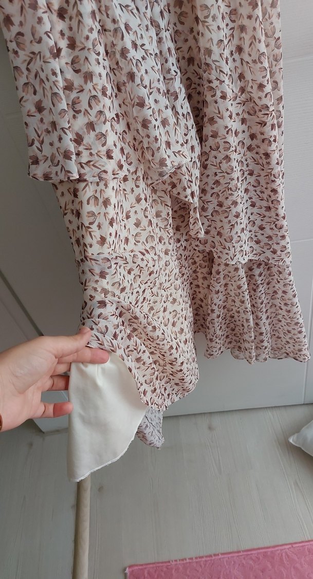 Bej Bohem Uzun Kollu V Yaka Elbise sifon astarli elbise - Görsel 5