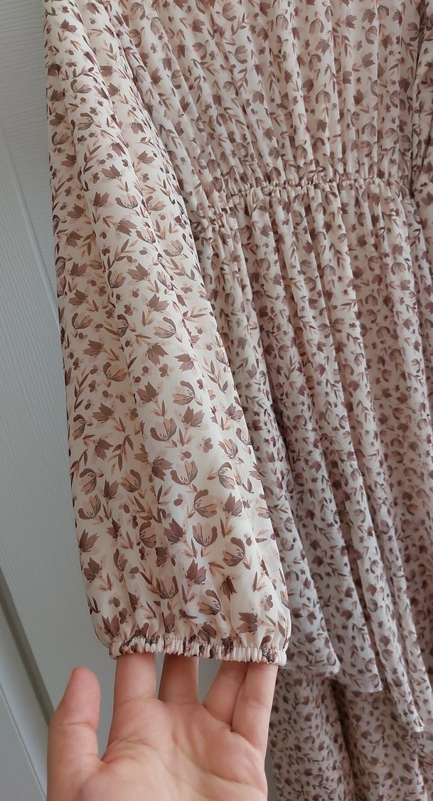 Bej Bohem Uzun Kollu V Yaka Elbise sifon astarli elbise - Görsel 3