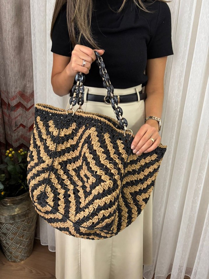 Bohem Zebra Desenli Örgü Kadın Çanta - Görsel 3