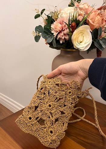 Bej Bohem Örgü Çiçekli Kadın Çapraz Çanta - Görsel 3