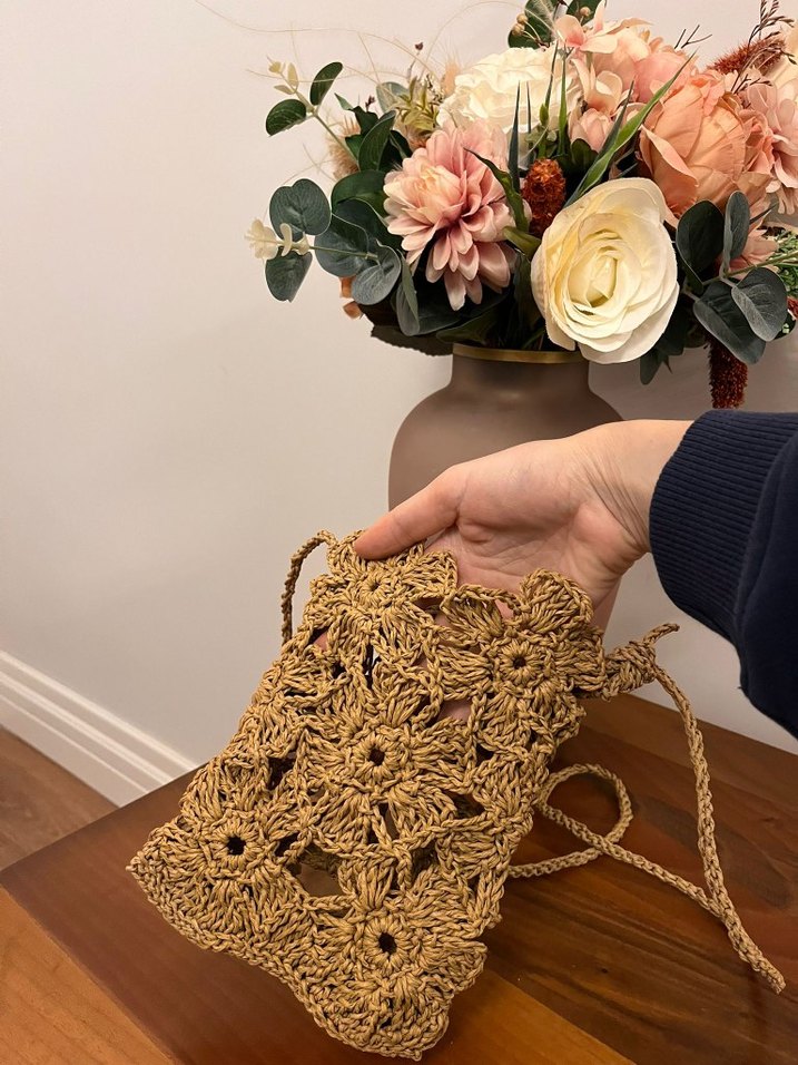 Bej Bohem Örgü Çiçekli Kadın Çapraz Çanta - Görsel 3