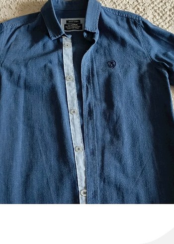 xs Beden mavi Renk Düğmeli Mavi Denim Erkek Gömlek