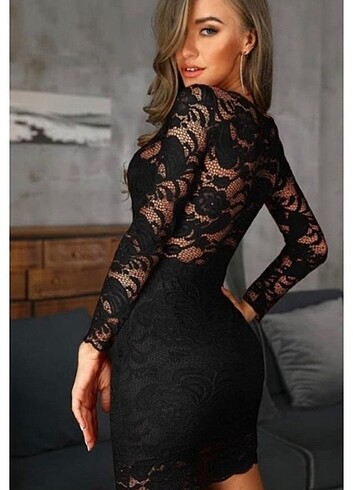 xs Beden siyah Renk Siyah dantelli mini elbise