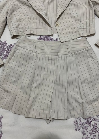 38 Beden ten rengi Renk Bej Keten Mini Blazer ve Şort Takım