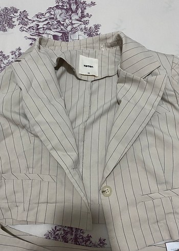 38 Beden Bej Keten Mini Blazer ve Şort Takım