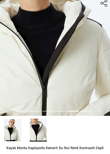 Kadın Ekru Kapüşonlu Kemerli Kayak Montu - Görsel 3