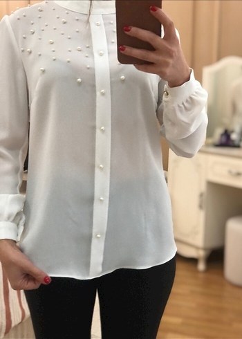 İnci Detaylı Beyaz Uzun Kollu Gömlek - Görsel 2