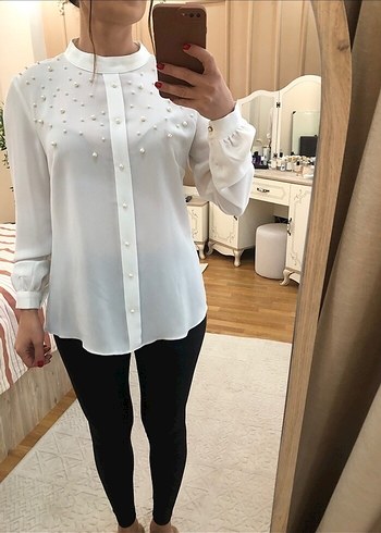 İnci Detaylı Beyaz Uzun Kollu Gömlek - Görsel 4