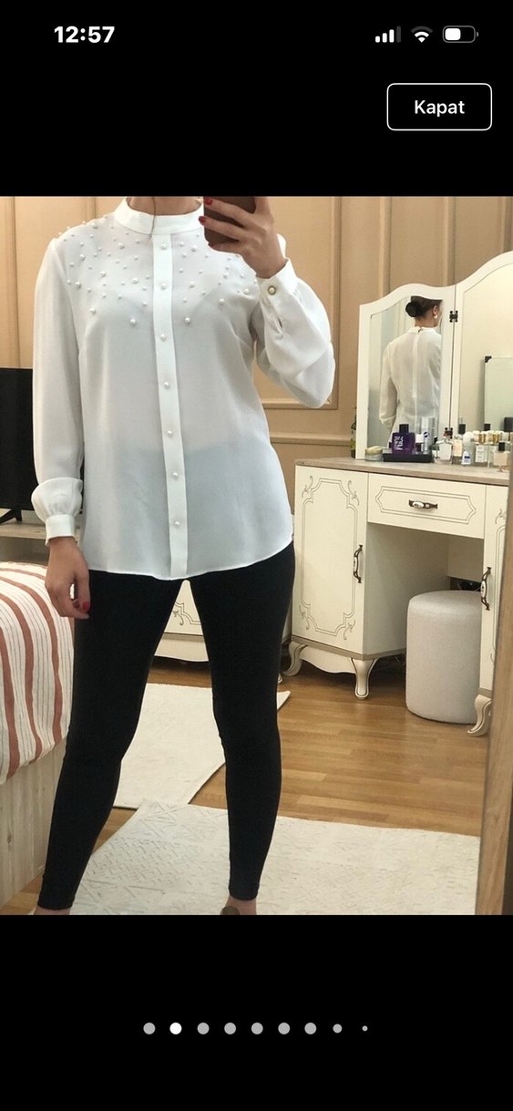İnci Detaylı Beyaz Uzun Kollu Gömlek - Görsel 3