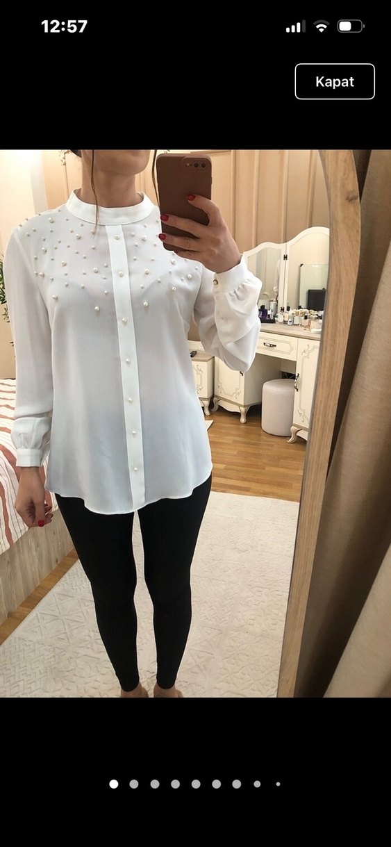 İnci Detaylı Beyaz Uzun Kollu Gömlek - Görsel 4