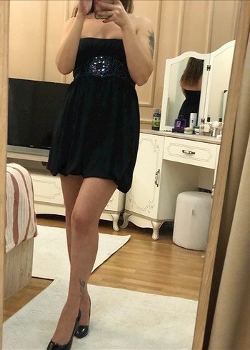 Siyah Yılan Desenli Straplez Mini Elbise - Görsel 4