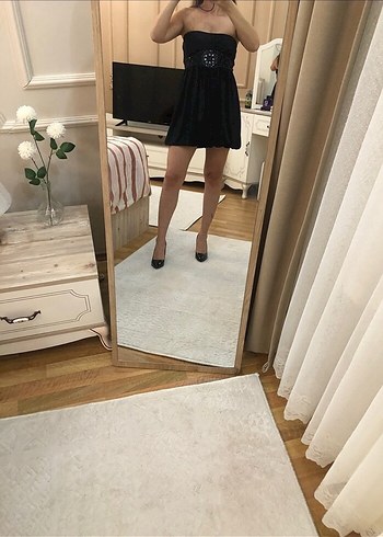 Siyah Yılan Desenli Straplez Mini Elbise - Görsel 7