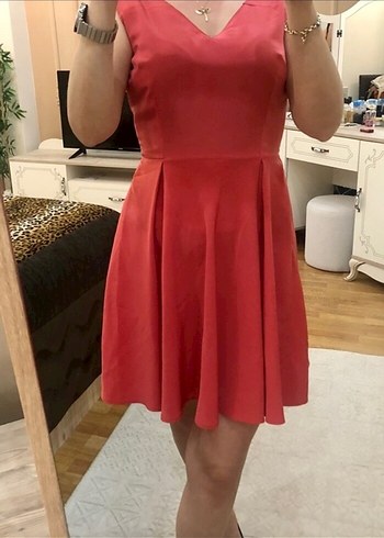 Parlak Kırmızı Midi Elbise V Yakalı - Görsel 4