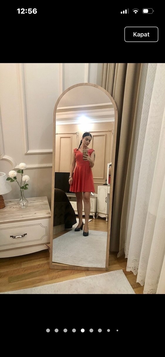 Parlak Kırmızı Midi Elbise V Yakalı - Görsel 3