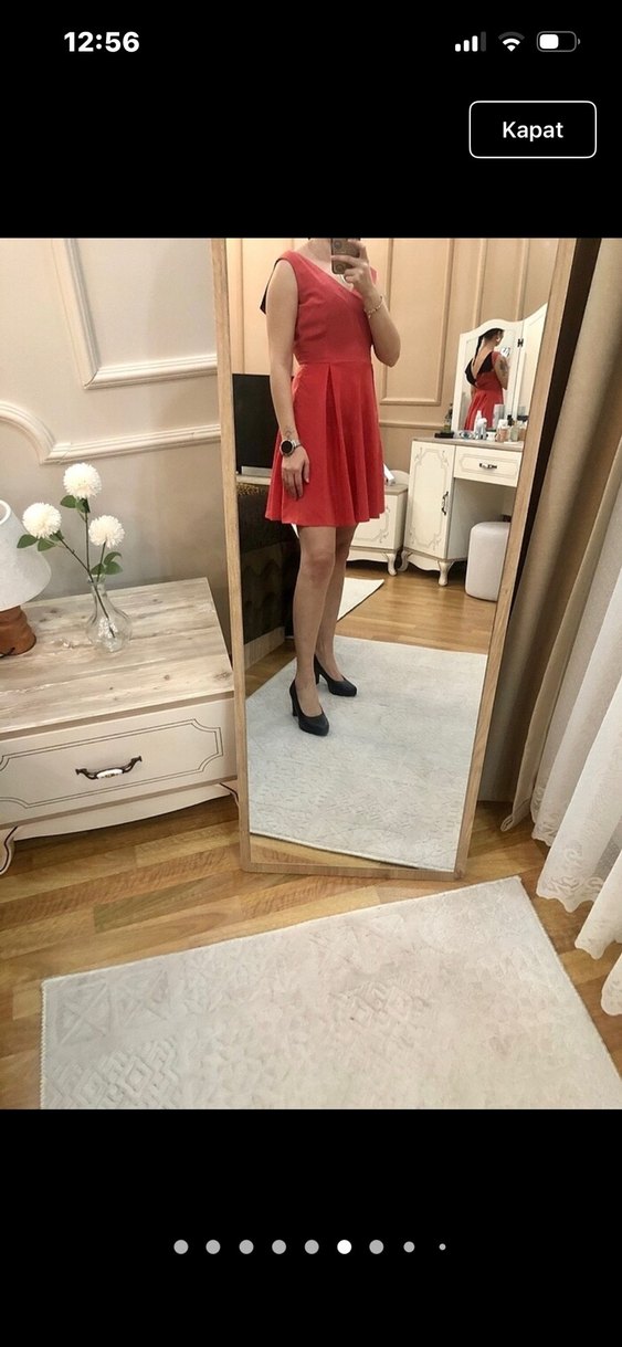 Parlak Kırmızı Midi Elbise V Yakalı - Görsel 2