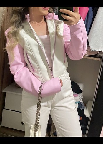 Kadın Pembe Deri Biker Ceket - Görsel 5