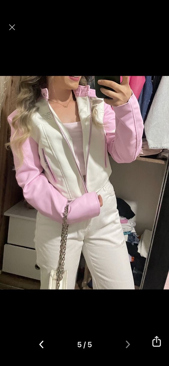 Kadın Pembe Deri Biker Ceket - Görsel 5