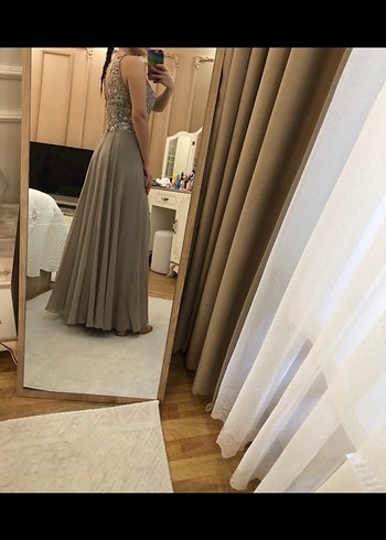 Boncuk İşlemeli Gri Uzun Abiye Elbise - Görsel 3