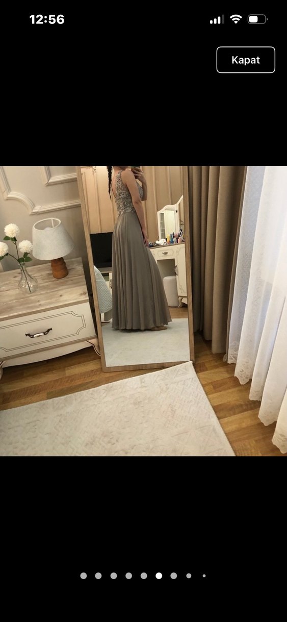 Boncuk İşlemeli Gri Uzun Abiye Elbise - Görsel 2