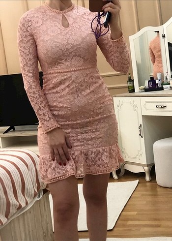 Pembe Dantel Uzun Kollu Midi Elbise - Görsel 4