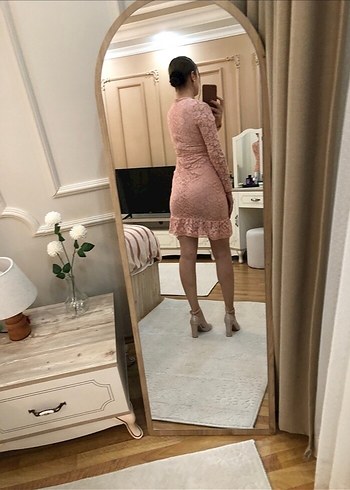 Pembe Dantel Uzun Kollu Midi Elbise - Görsel 2