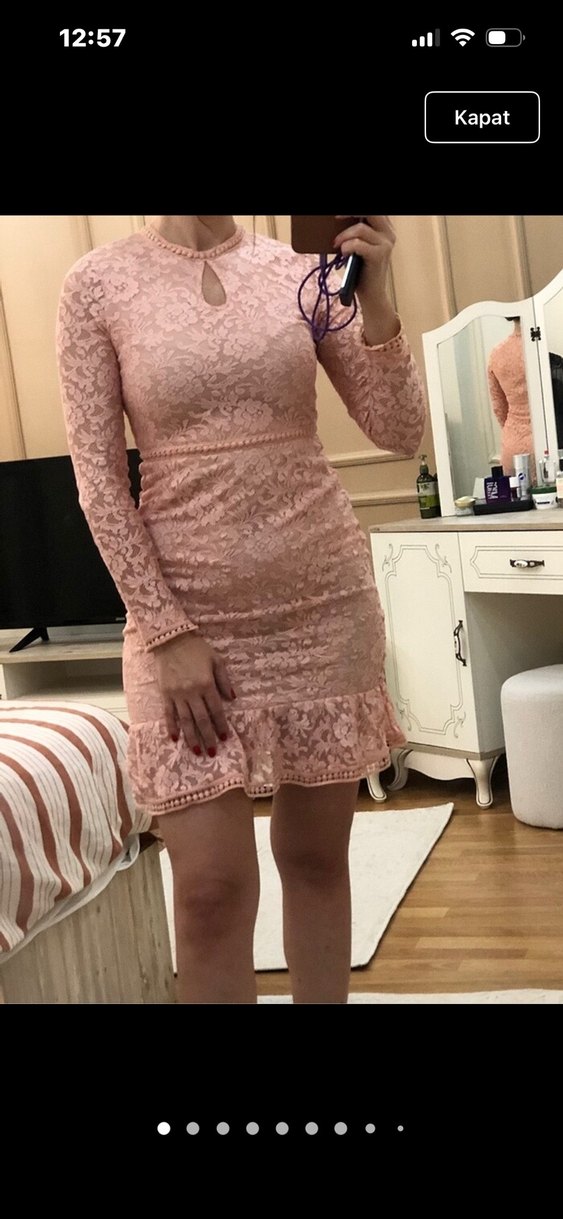 Pembe Dantel Uzun Kollu Midi Elbise - Görsel 4