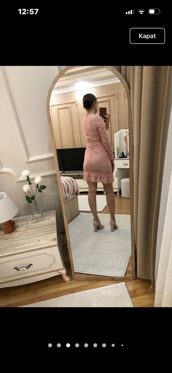 Pembe Dantel Uzun Kollu Midi Elbise - Görsel 2