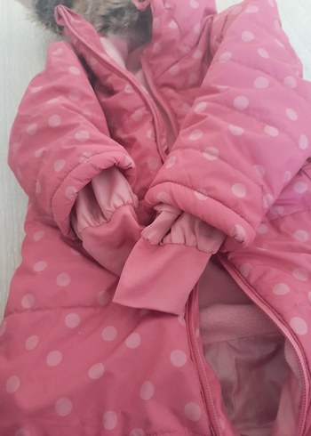 Pembe Puantiyeli Bebek Tulumu Kürklü Kapüşonlu - Görsel 8