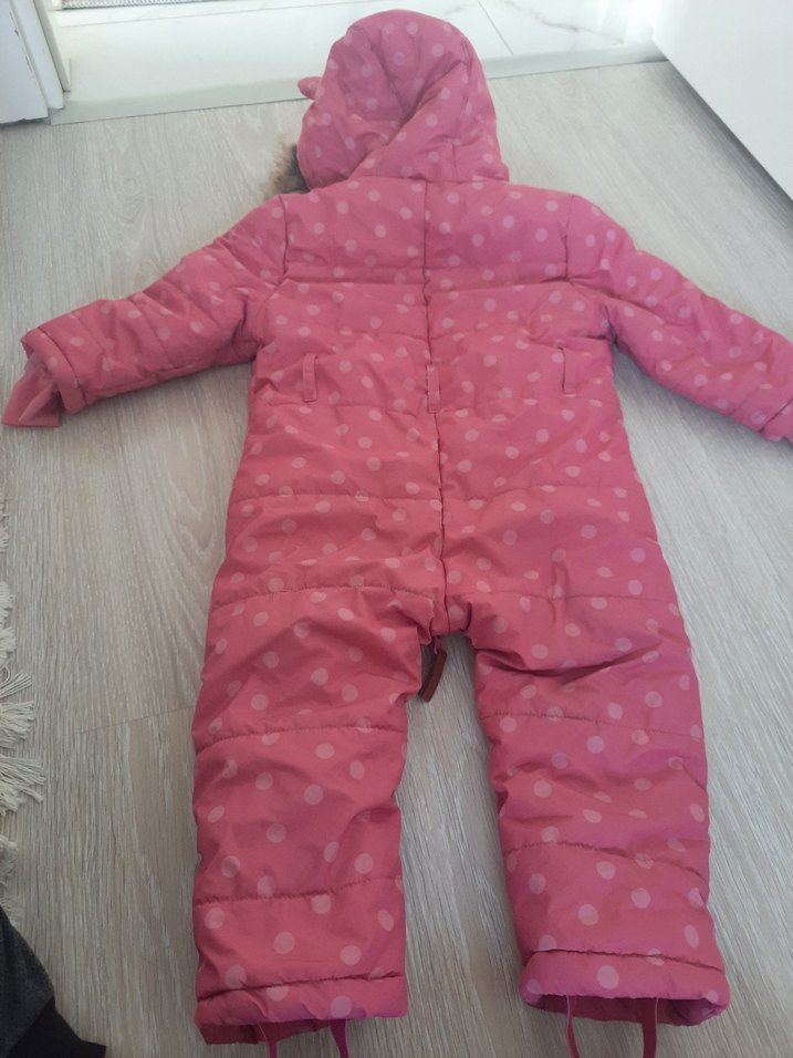 Pembe Puantiyeli Bebek Tulumu Kürklü Kapüşonlu - Görsel 4