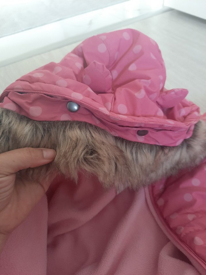 Pembe Puantiyeli Bebek Tulumu Kürklü Kapüşonlu - Görsel 3