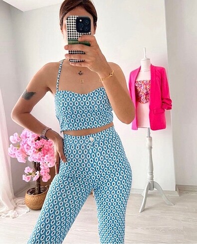 Mavi Cool Desen Crop ve Alt TAKIM