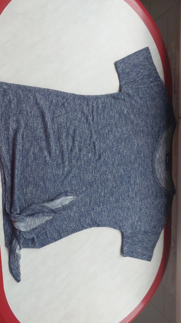 Kadın Gri Kısa Kollu Triko Sweatshirt - Görsel 5