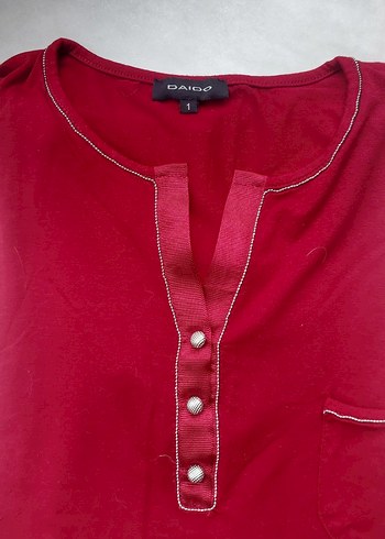 Düğmeli Kırmızı V Yaka Keten Bluz - Görsel 3