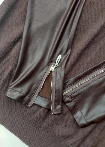 kahverengi Deri Detaylı Kadın Triko Sweatshirt - Görsel 3