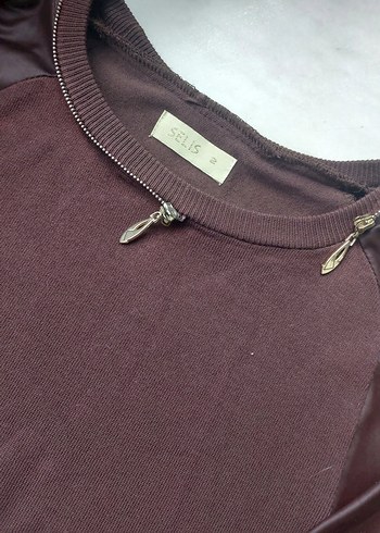 kahverengi Deri Detaylı Kadın Triko Sweatshirt - Görsel 2