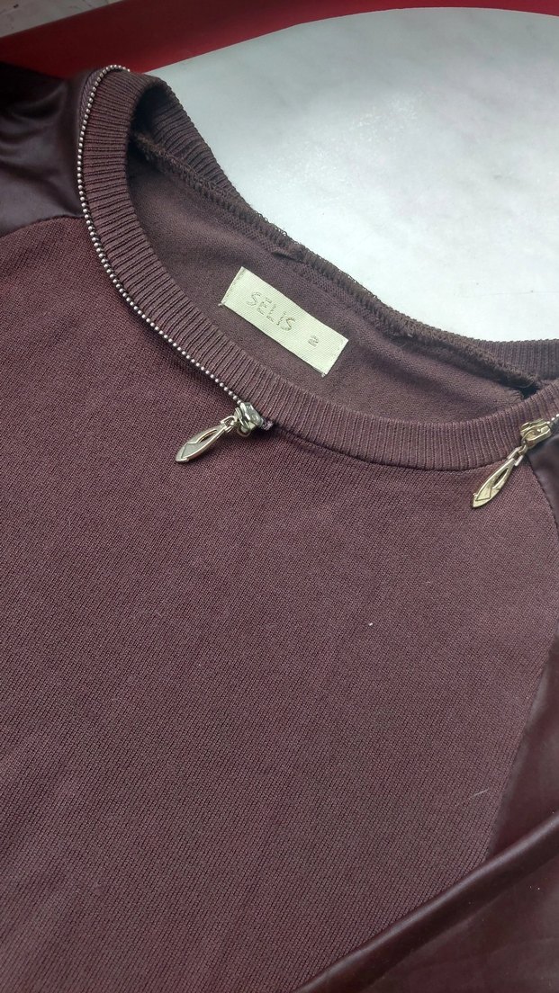 kahverengi Deri Detaylı Kadın Triko Sweatshirt - Görsel 2