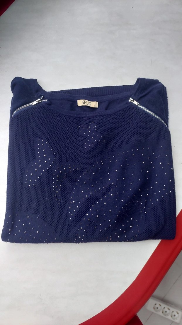 Mavi Örgü Kadın Triko, Bisiklet Yaka, Uzun Kollu - Görsel 4