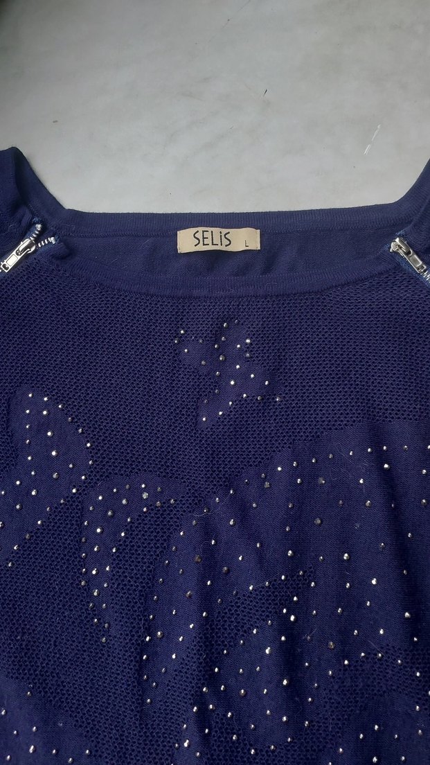 Mavi Örgü Kadın Triko, Bisiklet Yaka, Uzun Kollu - Görsel 3