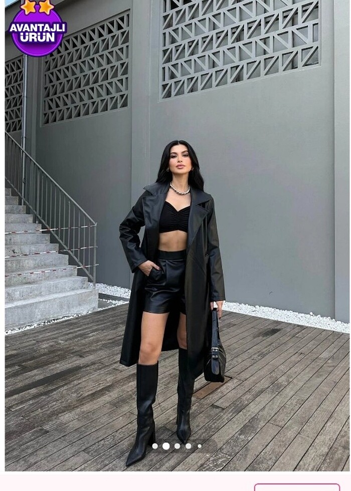 Uzun kuşaklı deri trençkot  - Görsel 3