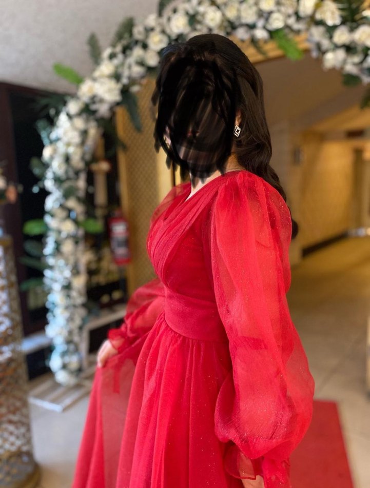 Kırmızı V Yaka Uzun Kollu Abiye Elbise - Görsel 2