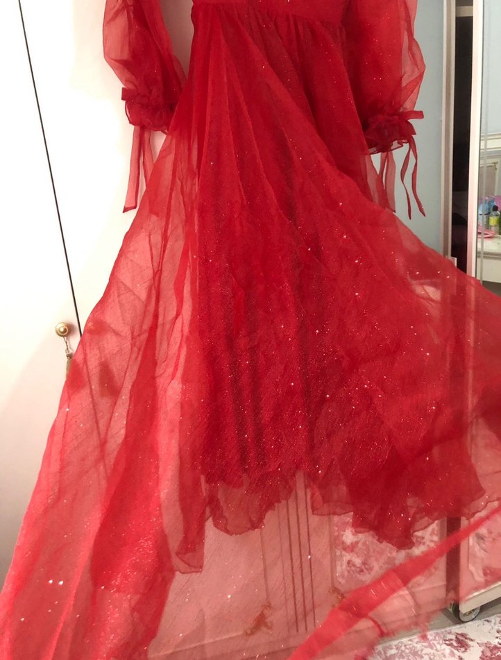 Kırmızı V Yaka Uzun Kollu Abiye Elbise - Görsel 3