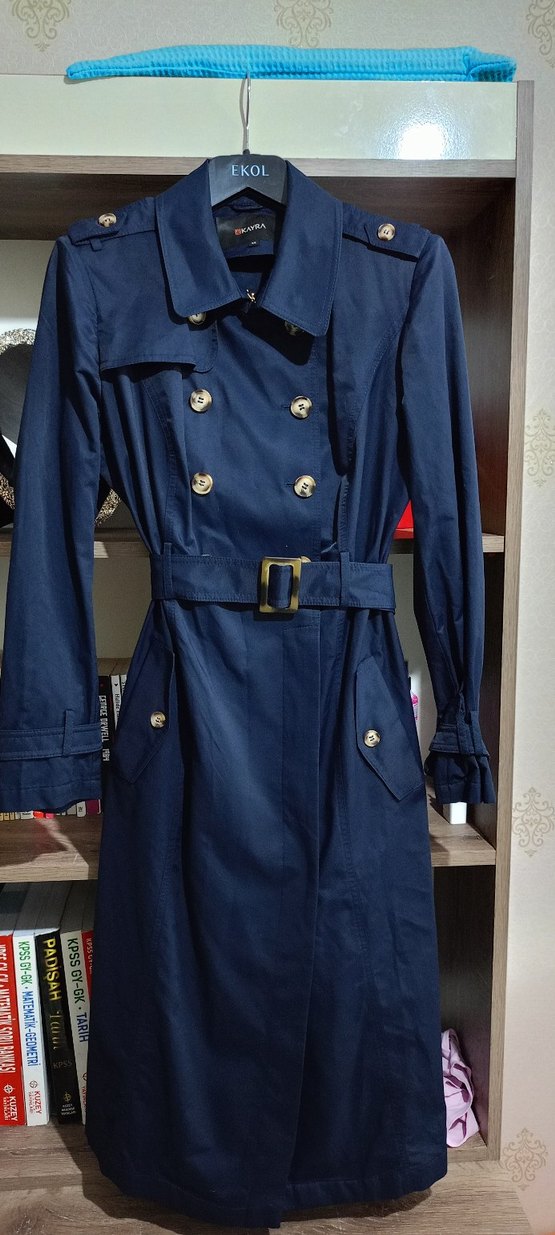 Kadın Lacivert Kemerli Uzun Trençkot - Görsel 4