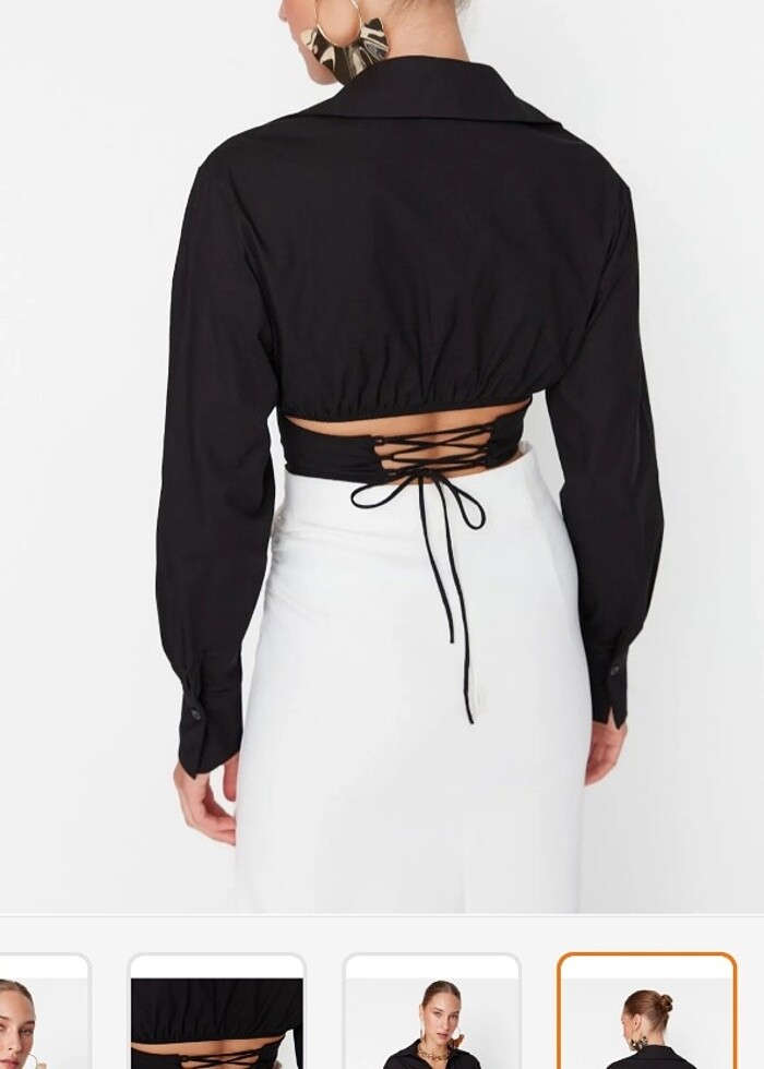 Crop Astarlı Korse Detaylı Dokuma Poplin Gömlek - Görsel 3