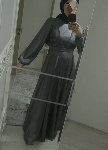 Gri  uzun tesettür abiye elbise - Görsel 2