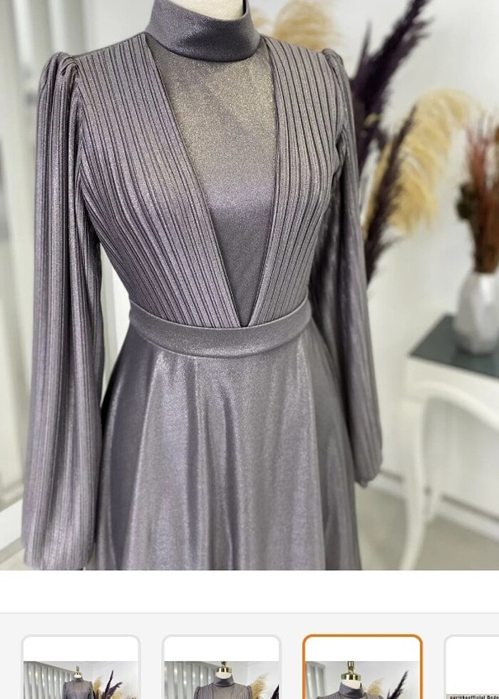 Gri  uzun tesettür abiye elbise - Görsel 3