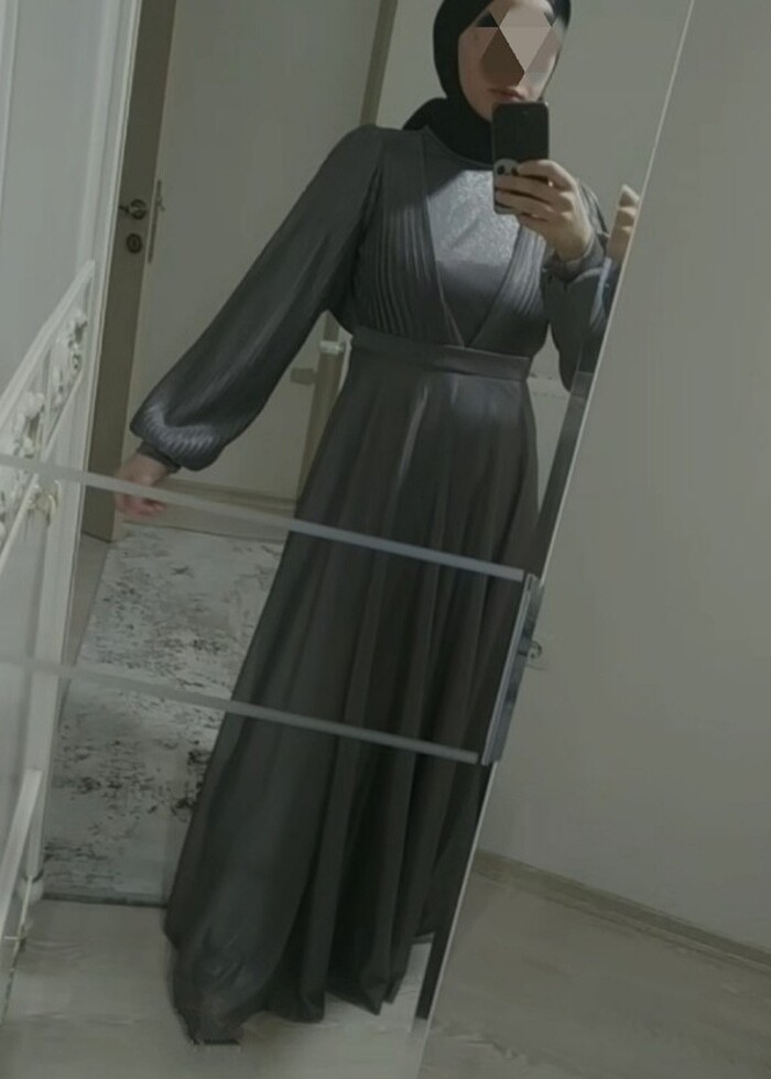 Gri  uzun tesettür abiye elbise - Görsel 2